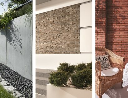 Nowoczesne wykończenia tarasów - z betonem architektonicznym, kamieniem ozdobnym i cegłą dekoracyjną.