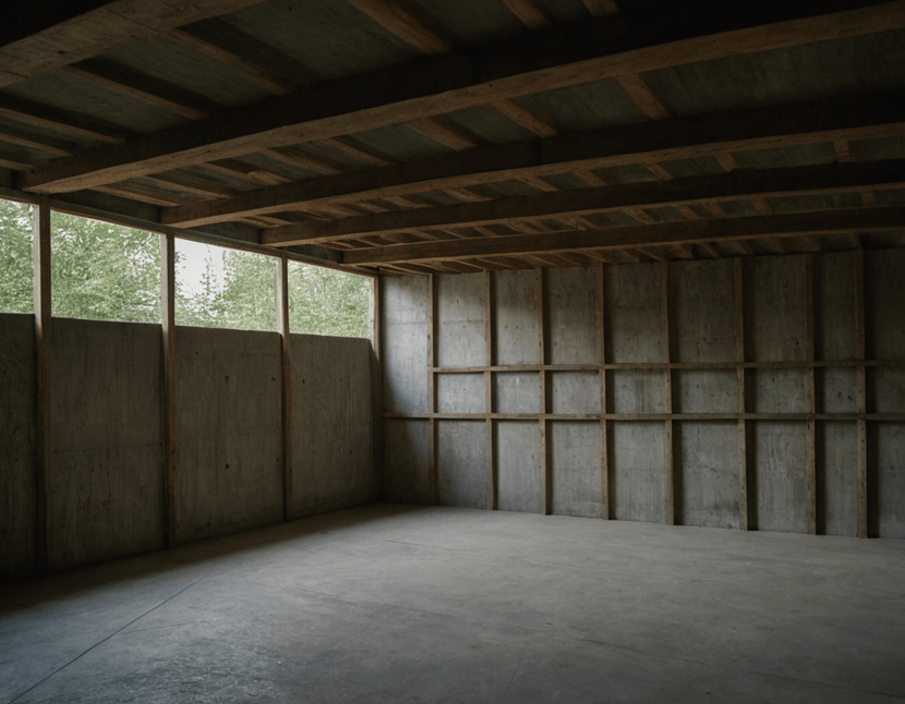 Drewniana konstrukcja dachu na betonowym garażu