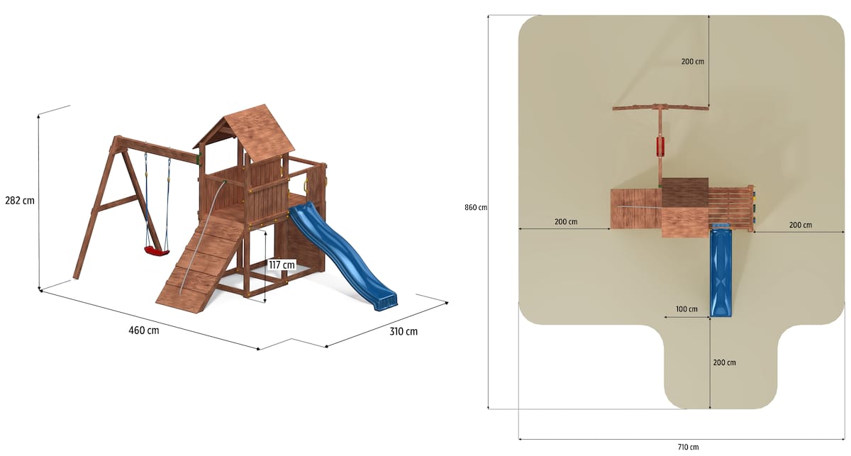 Plac zabaw z drewna do ogrodu dla dzieci Fungoo Carol 3 - wymiary
