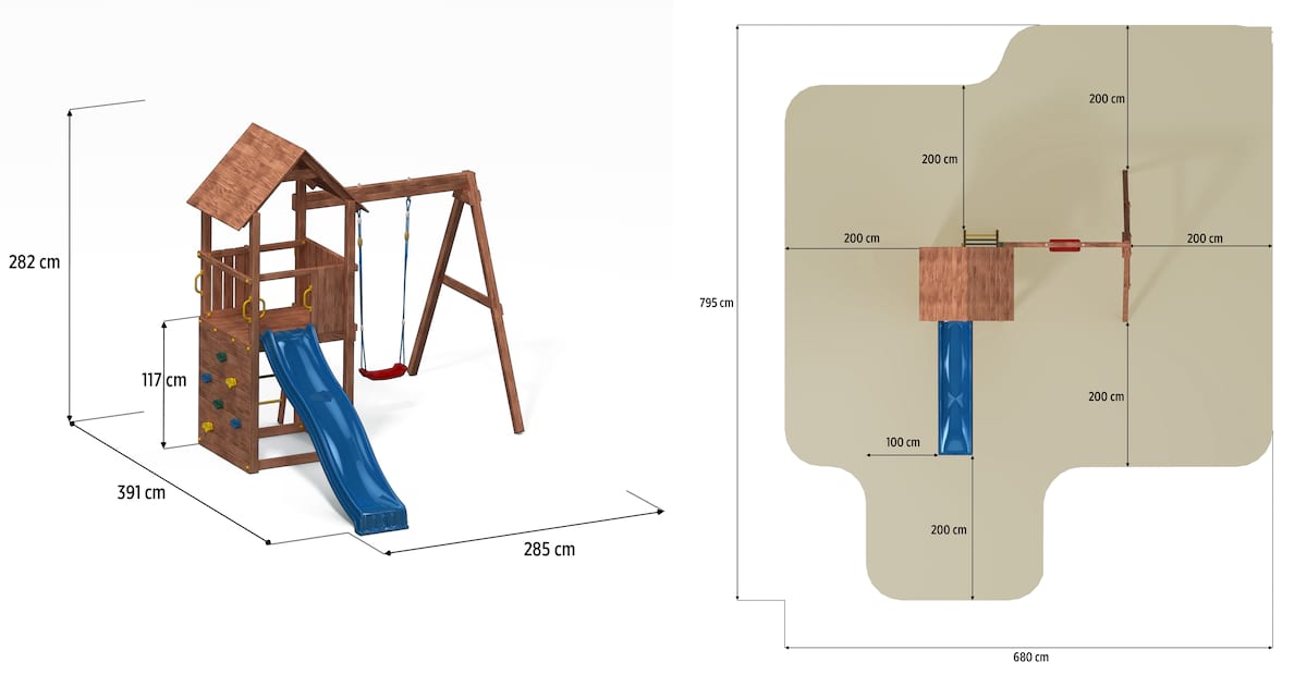 Drewniany plac zabaw dla dzieci do ogrodu Fungoo Carol 2 - wymiary