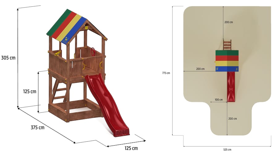 Drewniany domek ogrodowy dla dzieci ze zjeżdżalnią Sun Hide - wymiary