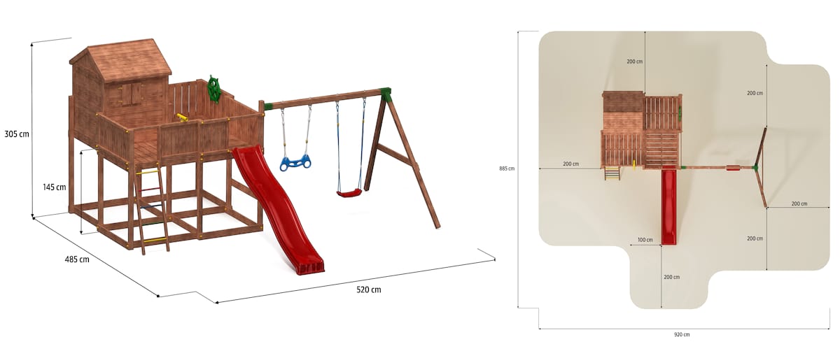 Plac zabaw dla dzieci z drewnianym domkiem My Space XL Move - wymiary