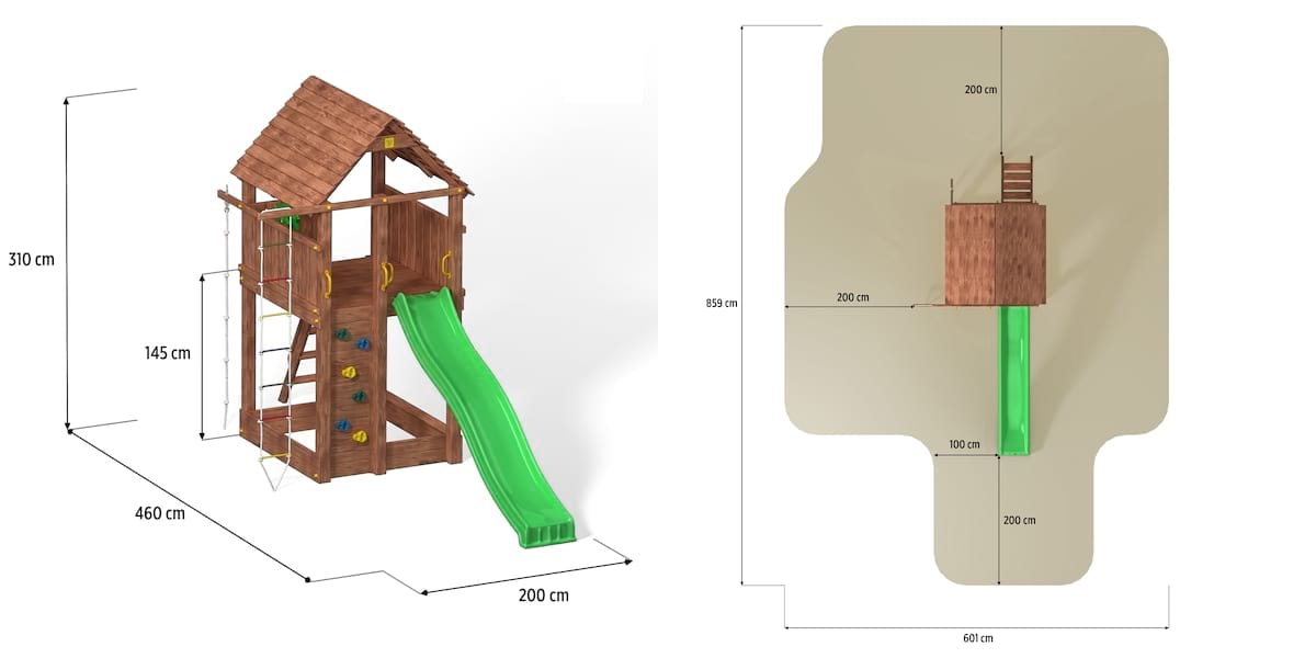 Zjeżdżalnia ogrodowa dla dzieci z drewna Fungoo Fortress - wymiary
