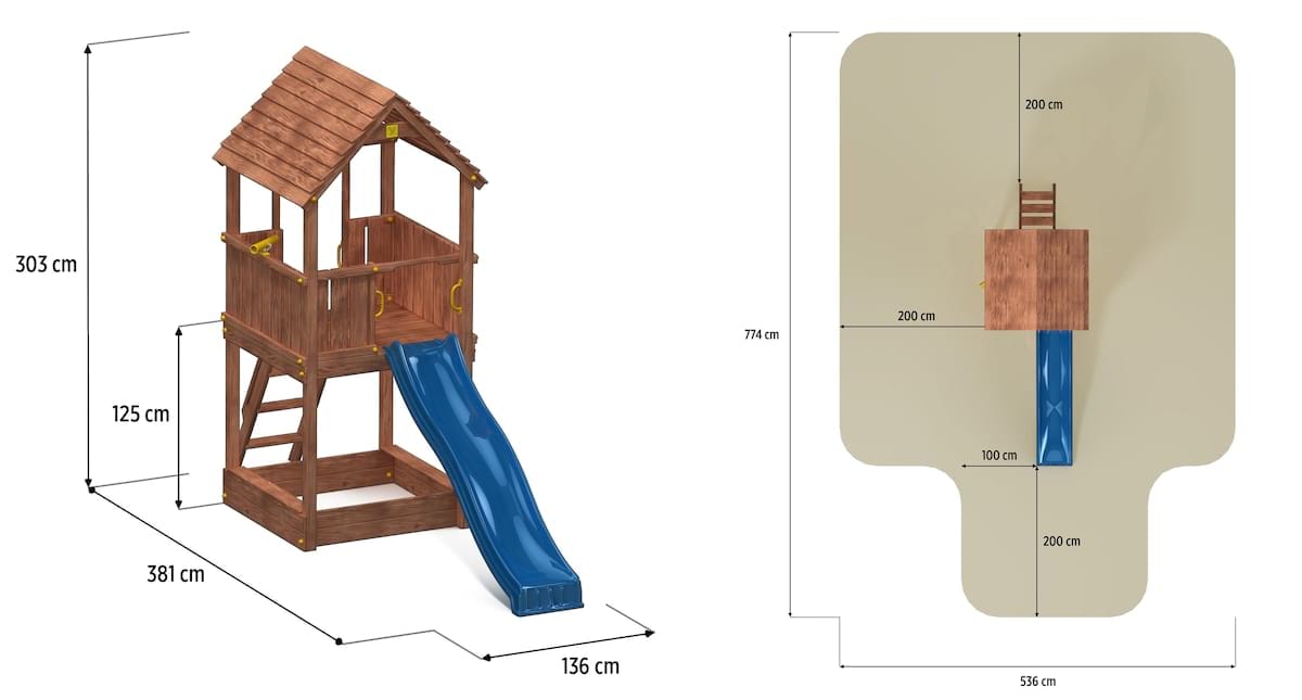 Plac zabaw drewniany zjeżdżalnia plastikowa Fungoo Joy - wymiary