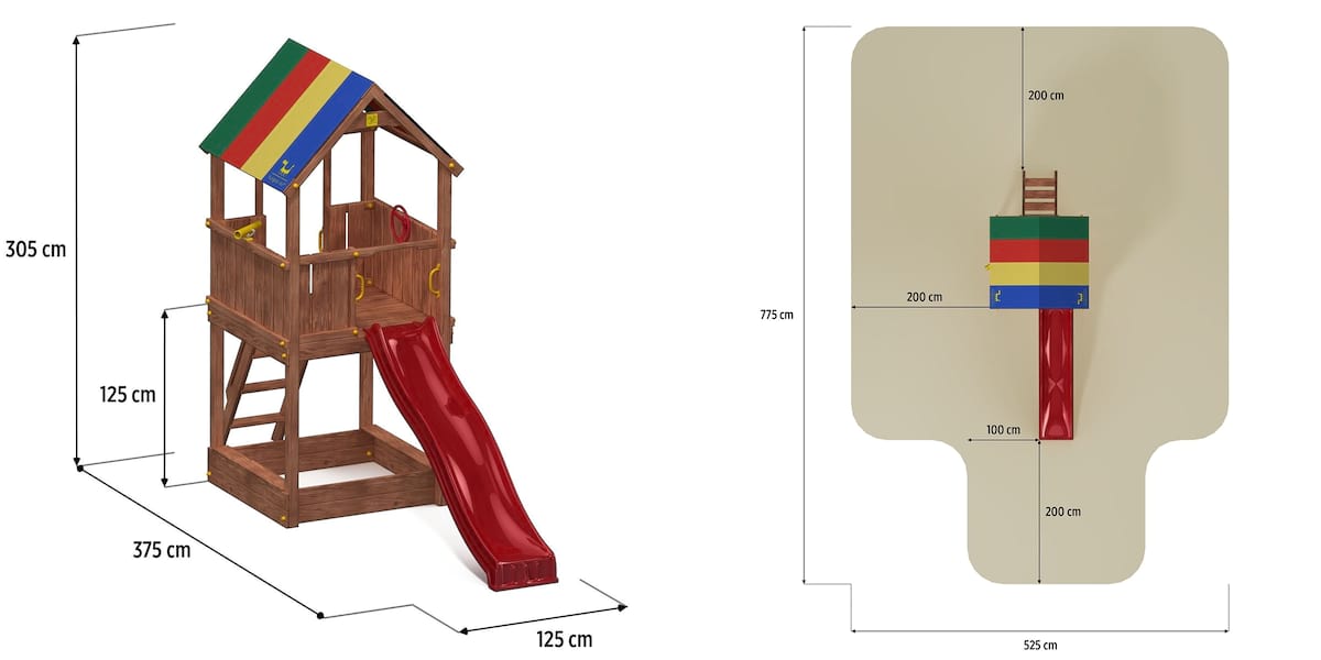 Drewniany plac zabaw dla dzieci ze ślizgiem Fungoo Sun - wymiary