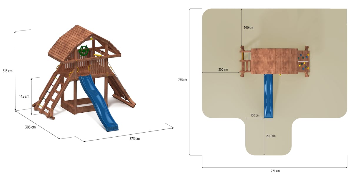 Drewniany plac zabaw ze zjeżdżalnią i ścianką Fungoo Giant - wymiary