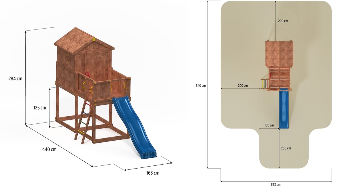 Domek ogrodowy drewniany ze zjeżdżalnią Fungoo MyHouse - wymiary