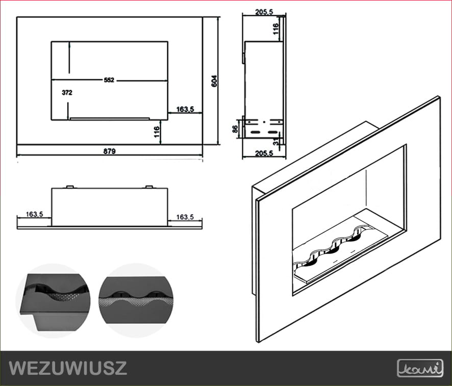 Wymiary - biokominek bez szyby