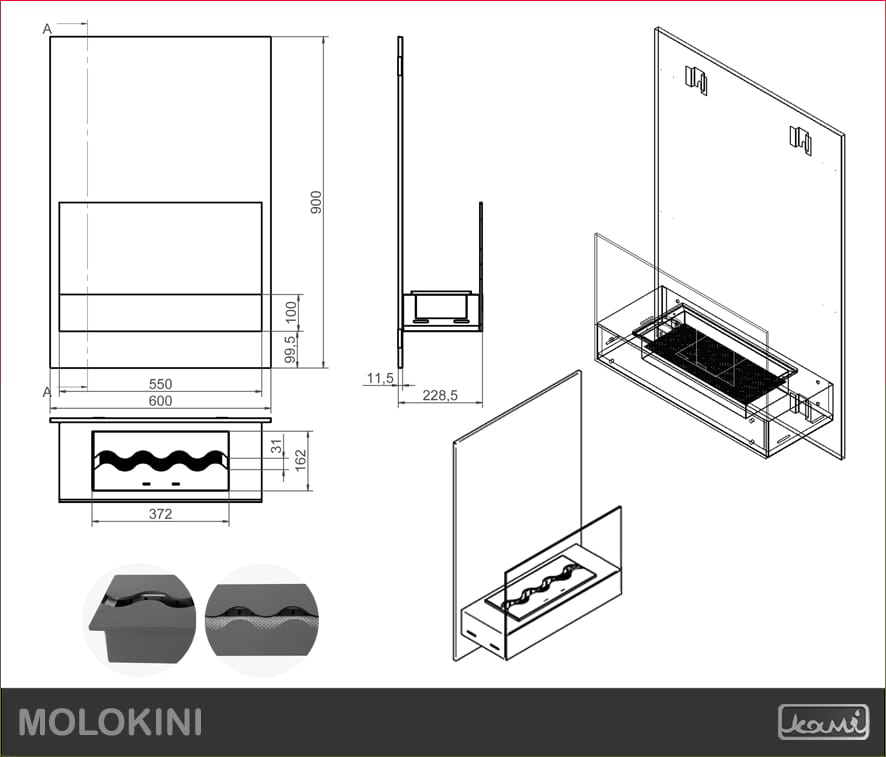 Wymiary - biokominek bez szyby