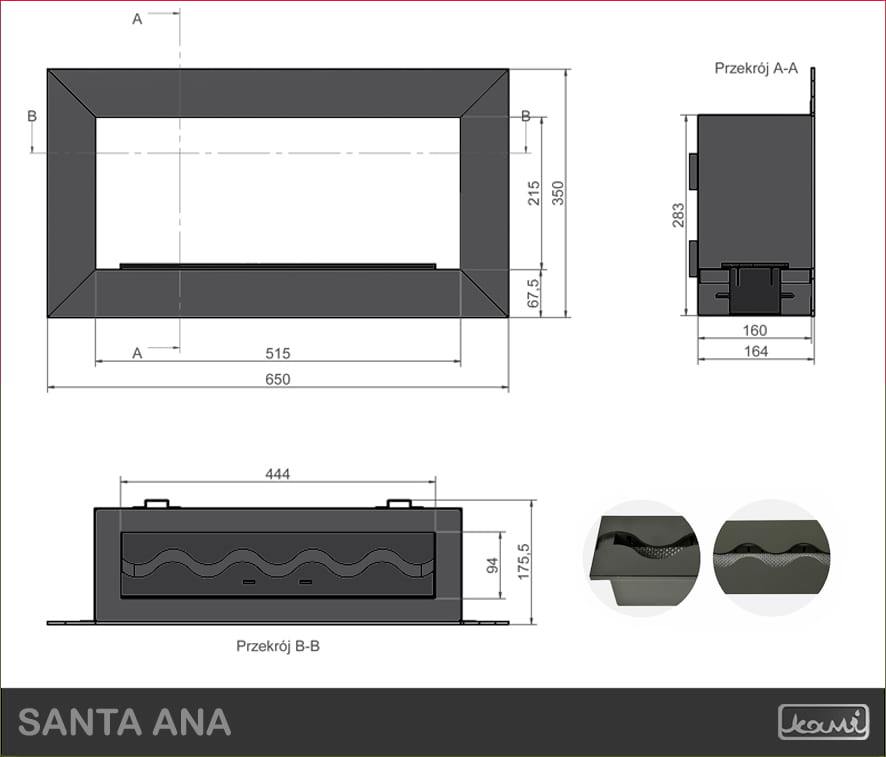 Wymiary - biokominek bez szyby