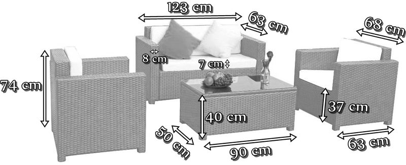 Wymiary mebli technorattan Calmo dla 4 osób