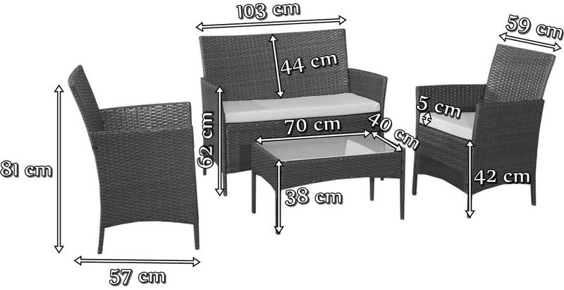 Wymiary zestawu mebli technorattan Comodo