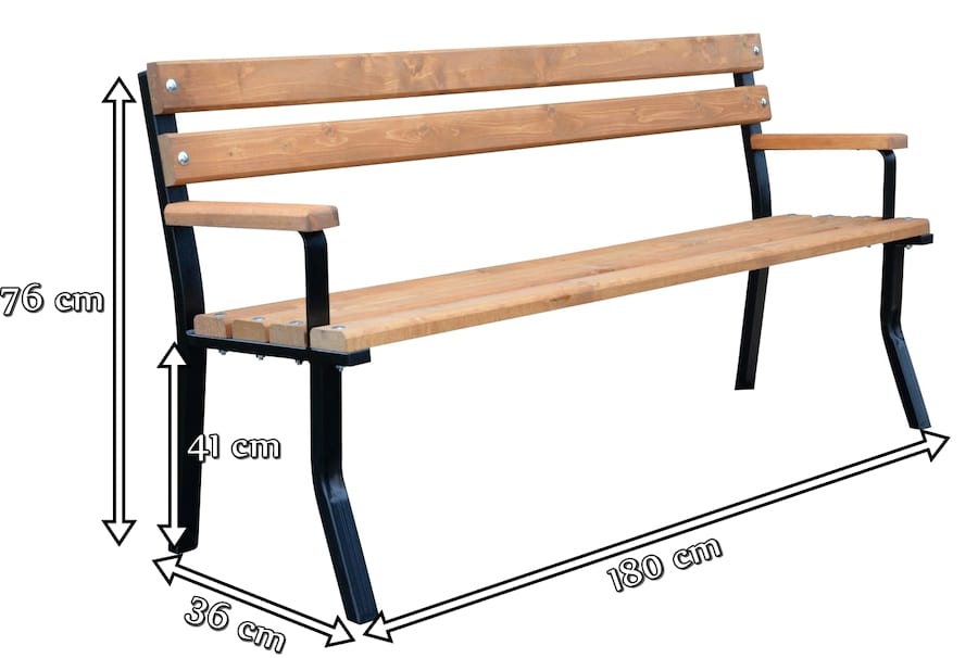 Ławka drewniana stalowa z podłokietnikiem Nelia 180 cm - wymiary