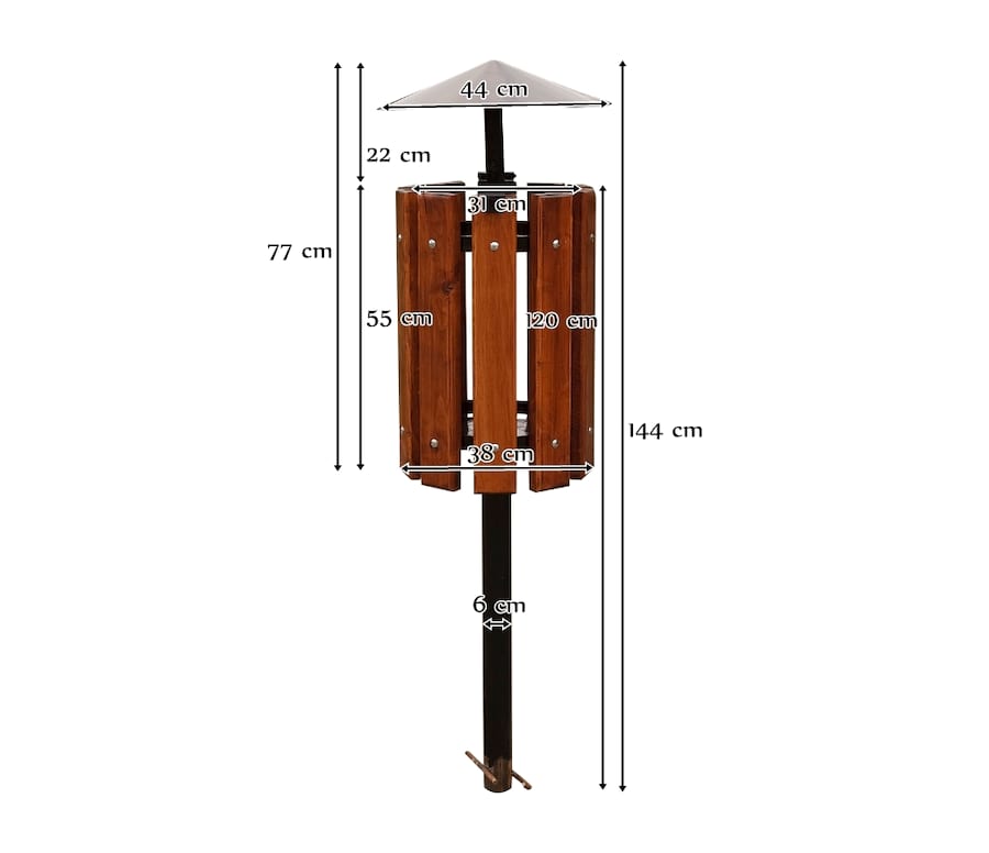 Kosz z daszkiem na pojedynczym słupku do wbetonowania - wymiary