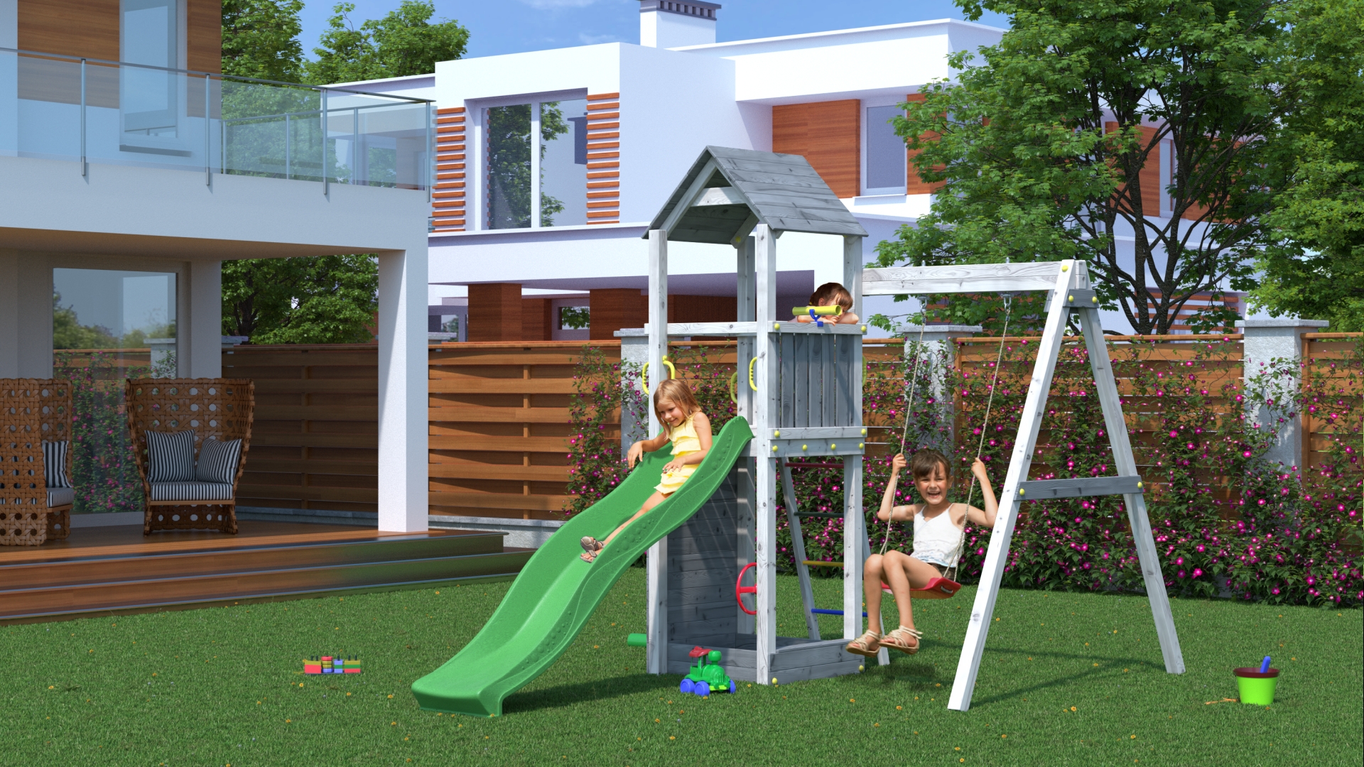 Plac zabaw z drewna do ogrodu Fungoo Flippi Grey White meblobranie