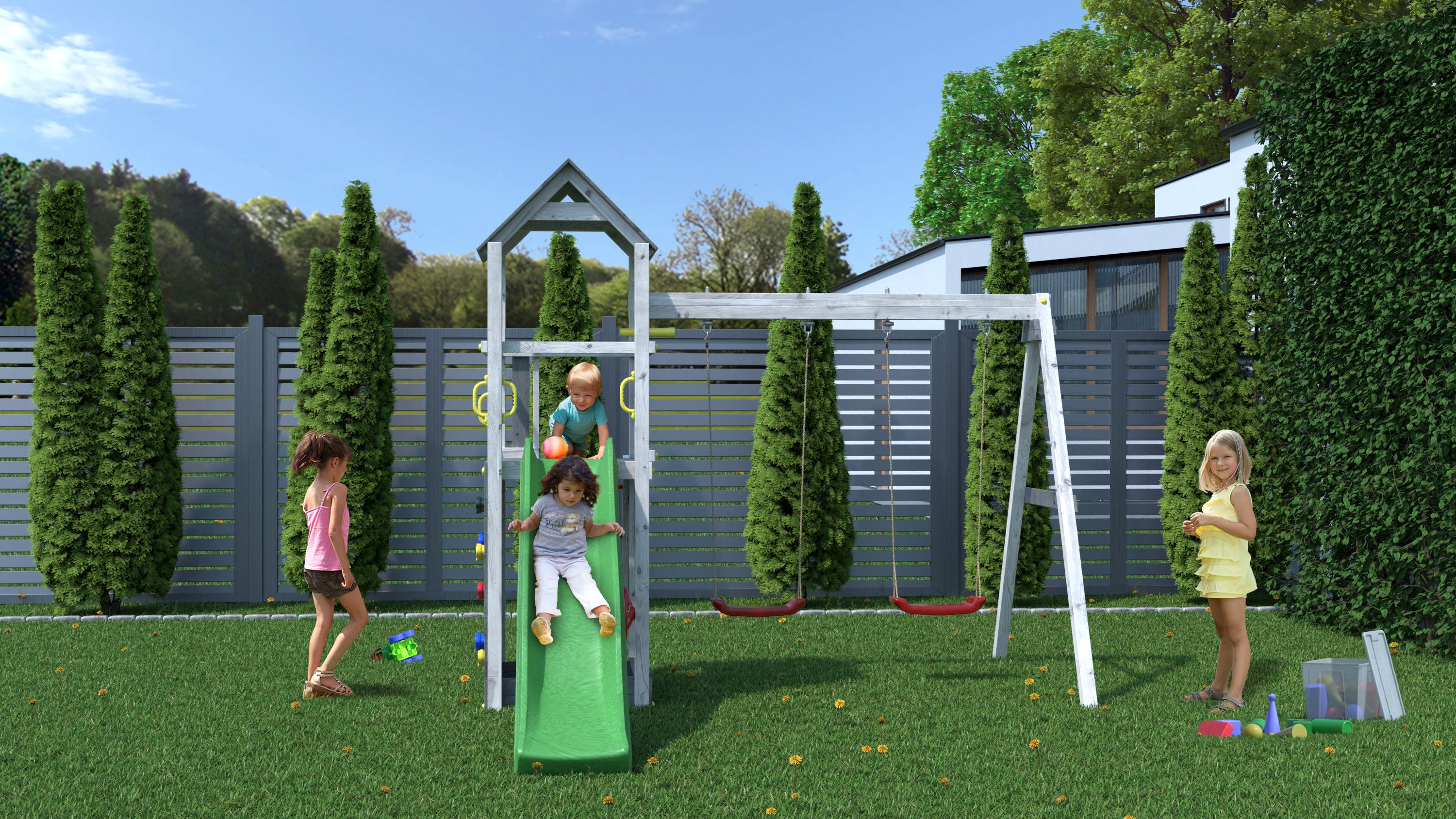 plac zabaw na podwórko z huśtawką i zjeżdżalnią