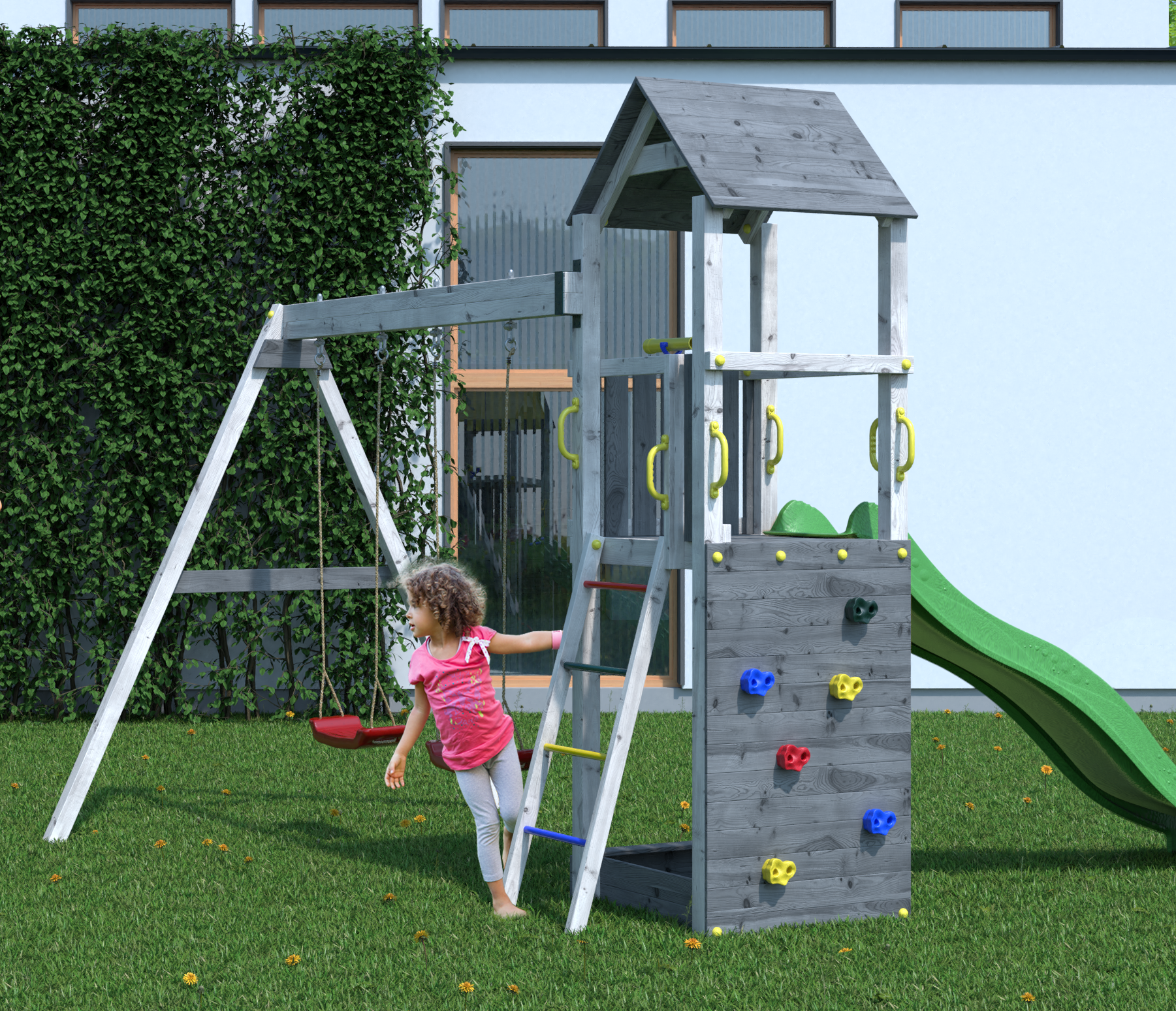 plac zabaw z huśtawką ścianka wspinaczkowa