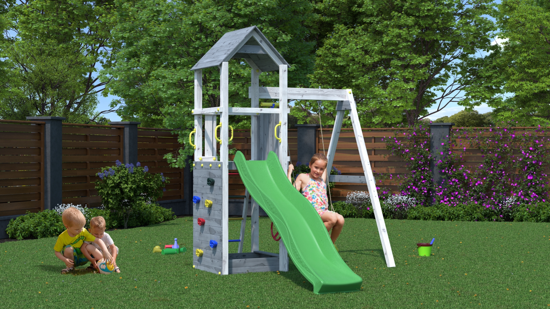 Plac zabaw z drewna do ogrodu Fungoo Flippi Grey White 