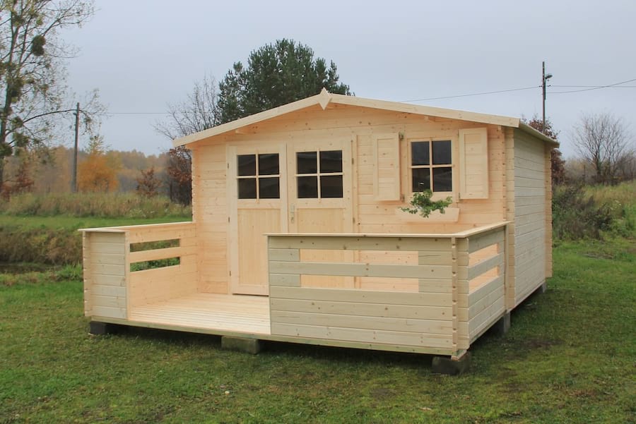 Drewniany domek ogrodowy tarasem Narcyz 416x316