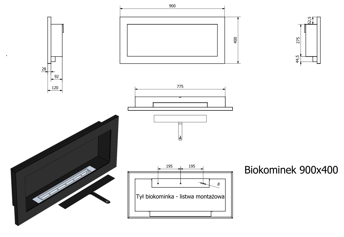 Wymiary - biokominek bez szyby