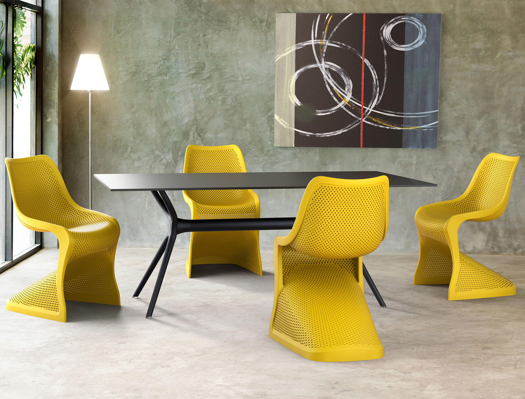 Designerskie krzesło z tworzywa sztucznego Bloom Yellow - aranżacja jadalni