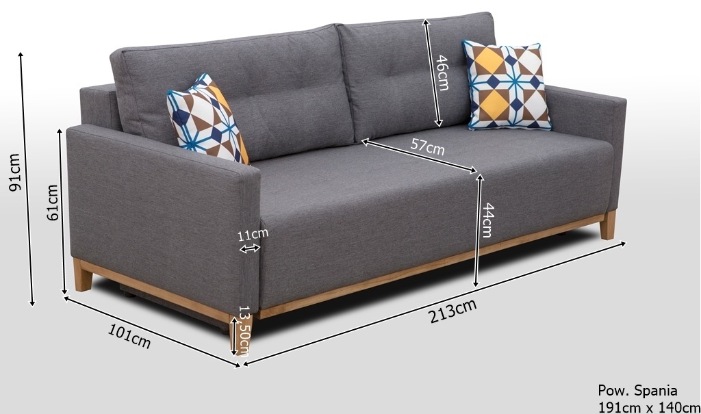 Szara rozkładana sofa Ariel - wymiary