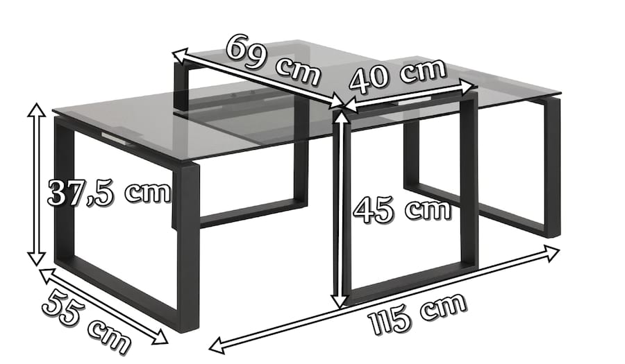 Actona Katrine zestaw stolików kawowych dymione szkło - wymiary