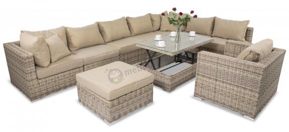 Narożnik z podnoszonym stołem technorattan LIGURITO X Beige + fotel