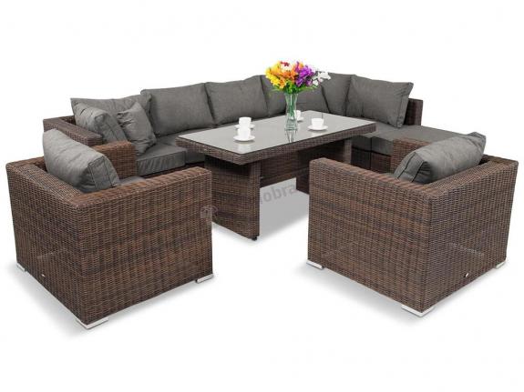Brązowy narożnik technorattan ze stołem obiadowym Ligurito VIII PLUS Brown Elite & Grey + 2 fotele