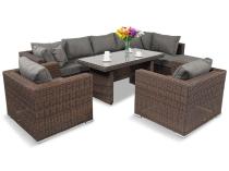 Brązowy narożnik technorattan ze stołem obiadowym Ligurito VIII PLUS Brown Elite & Grey + 2 fotele