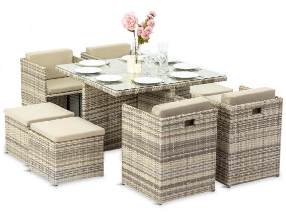Beżowe meble ogrodowe z technorattanu dla 8 osób kostka Cubioso Beige & Beige