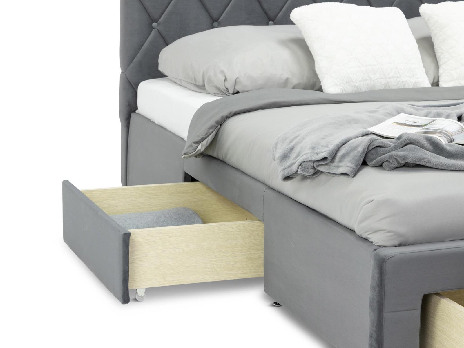szare łóżko z szufladami