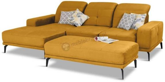 Musztardowo złota kanapa narożna na nóżkach z pikowaniami z funkcją spania 265x175cm Torrense lewy