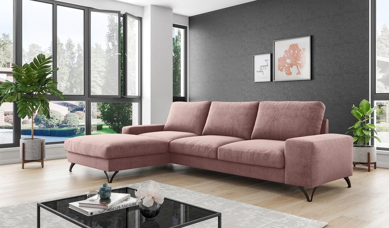Różowy welurowy narożnik nowoczesny