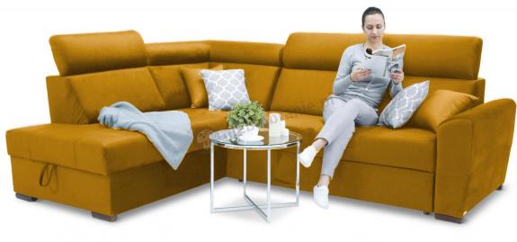 Musztardowo złota kanapa rozkładana narożna do salonu Riva 274x210 cm lewostronna