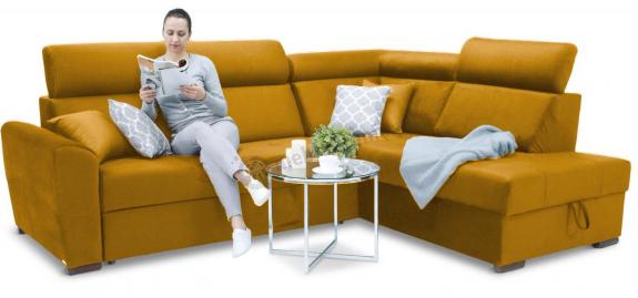 Musztardowa kanapa narożna z funkcją spania do salonu Riva 274x210 cm prawostronna