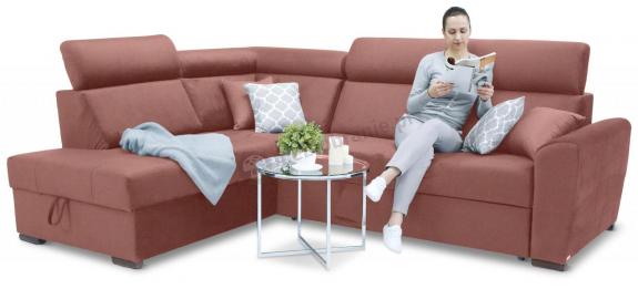 Różowa rogówka do salonu z funkcją spania Riva 274x210 cm lewostronny