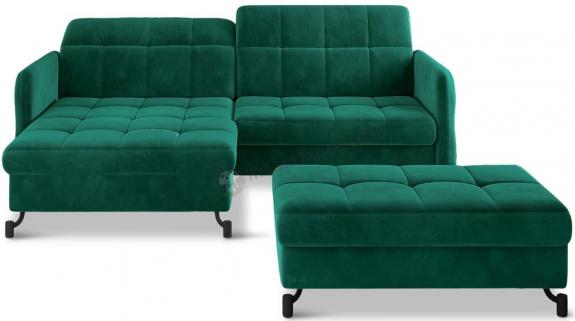 Butelkowa zieleń welur narożnik rozkładany plus pufa Lorelle 225x160 cm lewy