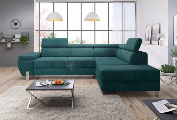 Welurowy narożnik z funkcją spania i regulowanymi zagłówkami Molina L 263x210cm Matt Velvet 75 petrol prawy