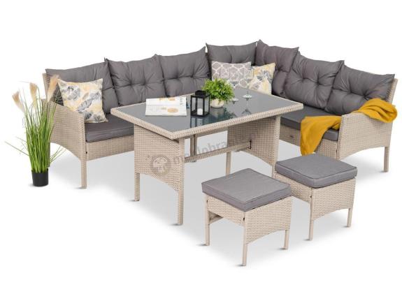 Narożnik technorattan ze stołem 120x70cm i pufami Perata Corner Light Grey