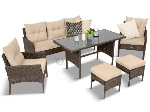 OUTLET - Meble ogrodowe z sofą 175cm, wysokim stołem, fotelami i pufami Perata Dining Brown