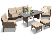 Meble ogrodowe z sofą 175cm, wysokim stołem, fotelami i pufami Perata Dining Brown