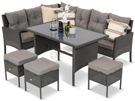 Narożnik z technorattanu 190x140cm z wysokim stołem i 3 pufami Torino Corner Anthracite