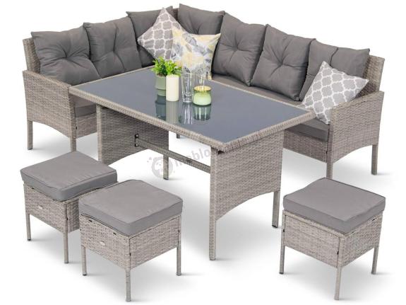 Szary narożnik z technorattanu 190x140cm ze stołem obiadowym i pufami Torino Corner Grey