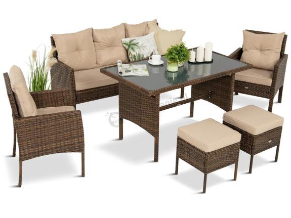 Brązowe meble technorattanowe z wysokim stołem 120cm i sofą Torino Dining