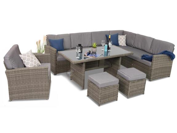 Technorattanowy narożnik Cofete Dark Grey stół, pufy + 1 fotel