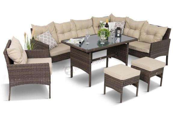 Technorattanowy narożnik ze stołem obiadowym pufami i fotelem Perata Corner Brown