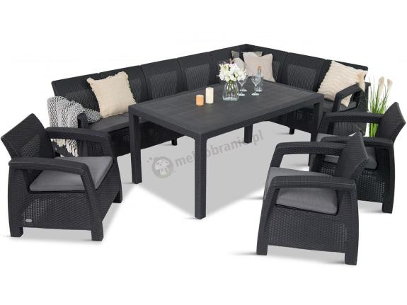 Zestaw dla 10 osób z narożnikiem, stołem obiadowym i trzema fotelami Rellme VII grafitowy