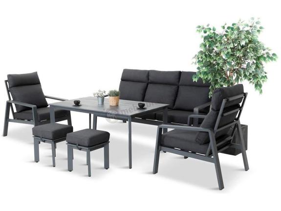 Aluminiowy zestaw ogrodowy z wysokim stołem, sofą 202cm, fotelami i pufami Renalo Dining Grafitowy