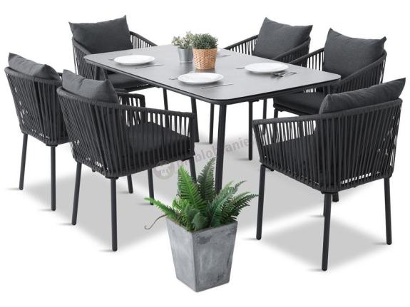 Grafitowe nowoczesne meble ogrodowe jadalniane stół + 6 krzeseł Rope Style Kostto Dining